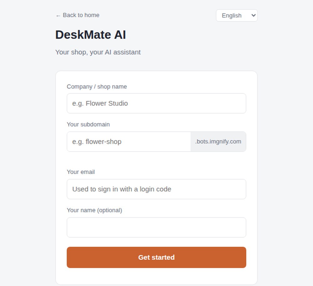 DeskMate AI sign-up screenshot