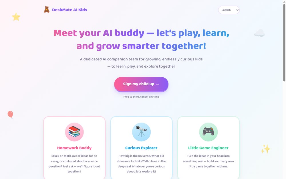DeskMate AI Kids landing page screenshot